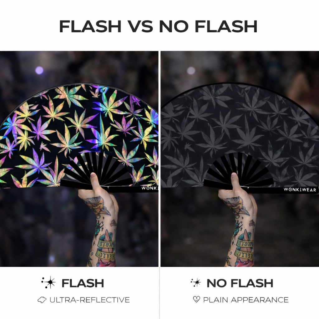 Comparison of iridescent reflective leaf festival fan with flash and without flash lighting