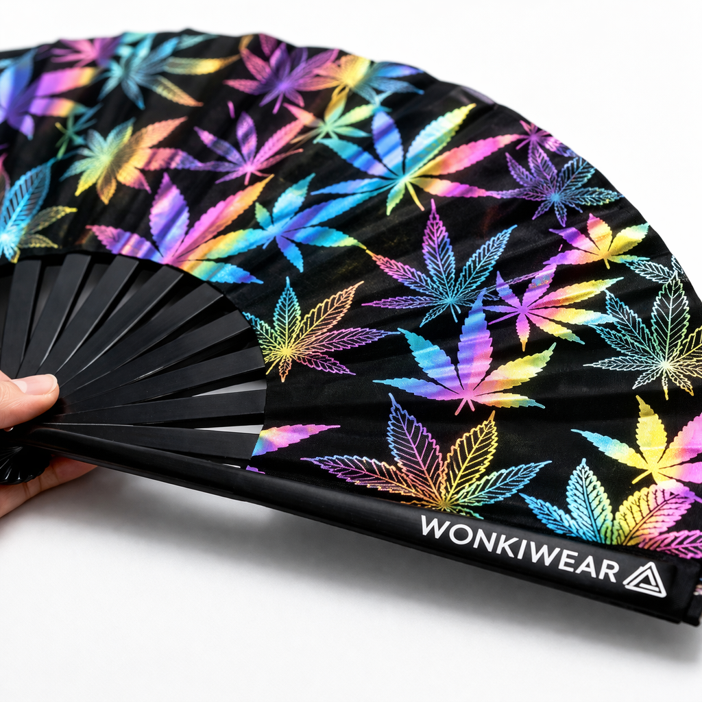 Close up detail of rainbow reflective leaf pattern on Wonkiwear XL festival fan