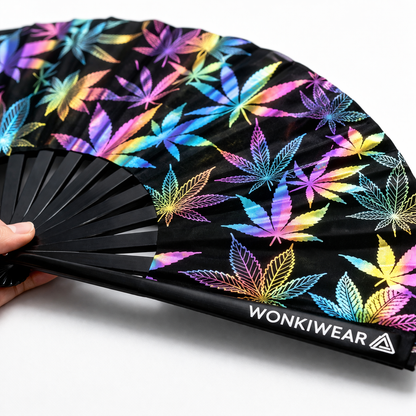 Close up detail of rainbow reflective leaf pattern on Wonkiwear XL festival fan