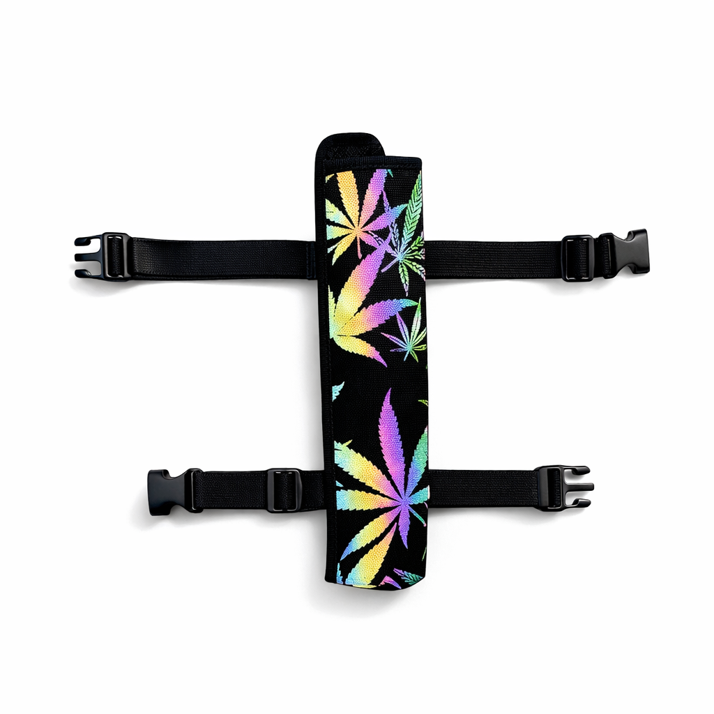 Matching iridescent leaf fan holster with adjustable straps for rave and festival fans