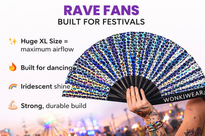 Iridescent leopard rave fan XL size strong durable build festival fan features WonkiWear