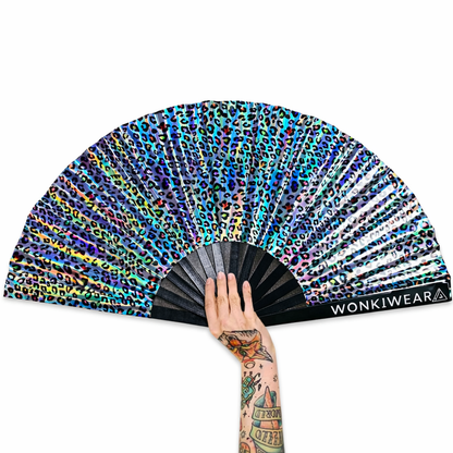Iridescent leopard print rave fan with silver metallic reverse XL festival fan by WonkiWear