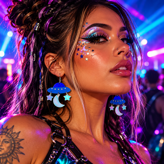 Woman wearing iridescent moon and star UFO earrings at a neon rave