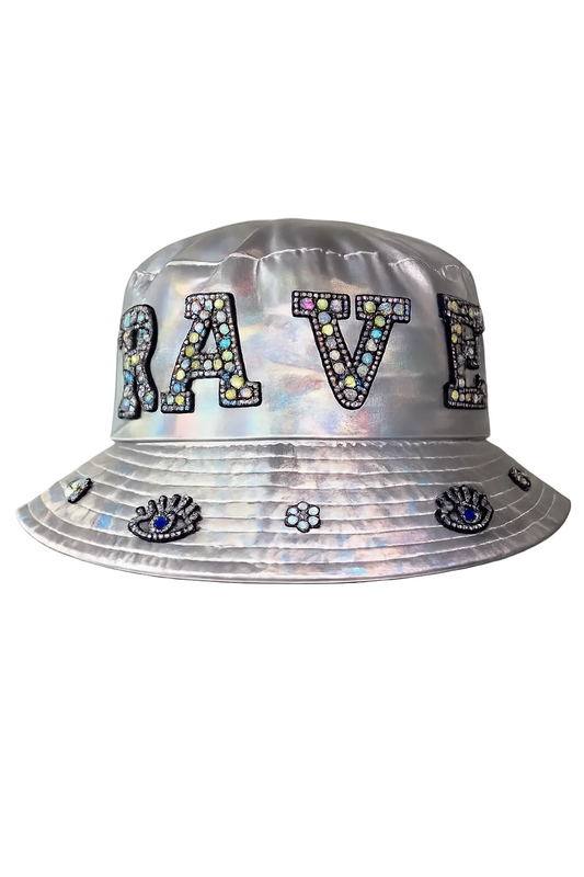Handmade iridescent silver metallic RAVE bucket hat with crystal embellishments for festivals and rave outfits