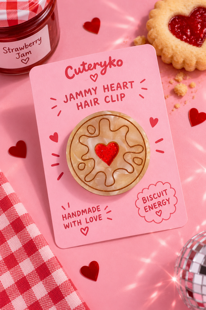 Jammy Heart Hair Clip with pearlescent biscuit design and glittery red jam heart by Cuteryko