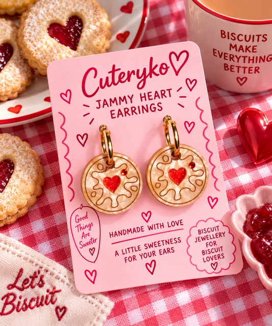 Jammy Heart hoop earrings with pearlescent biscuit charms and glittery red jam hearts by Cuteryko