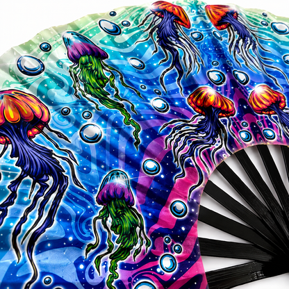 Close-up of colourful jellyfish artwork printed on premium silky festival fan fabric