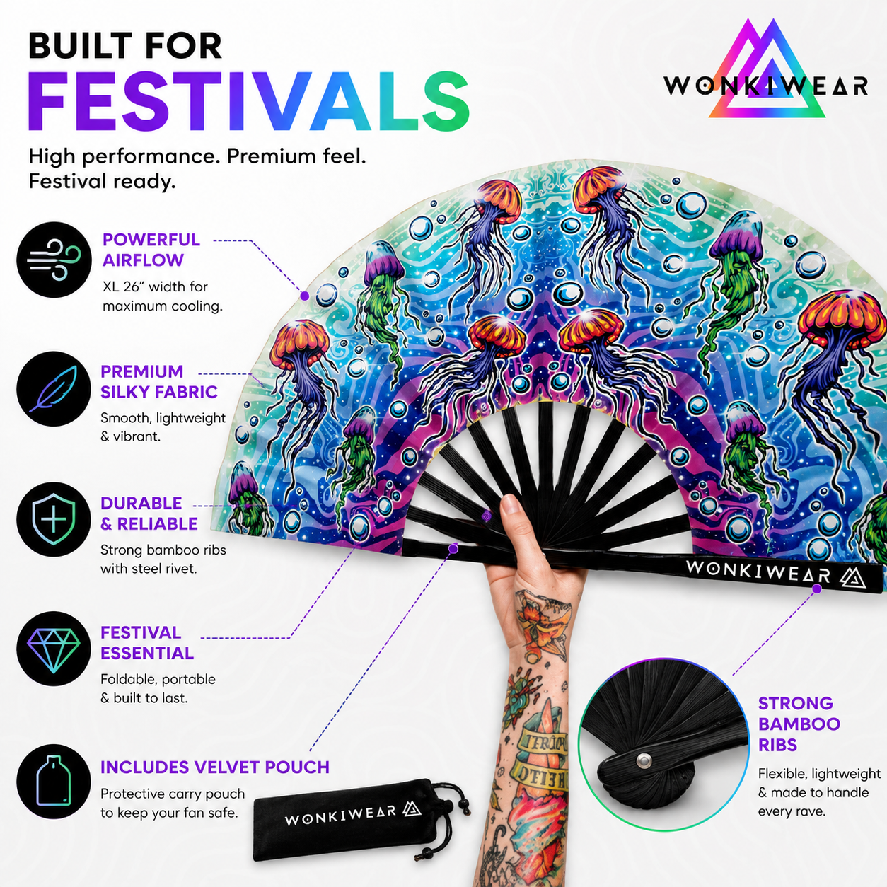 Benefits of the XL Jellyfish festival fan including powerful airflow, silky fabric and durable bamboo ribs