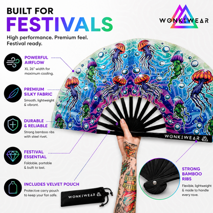 Benefits of the XL Jellyfish festival fan including powerful airflow, silky fabric and durable bamboo ribs