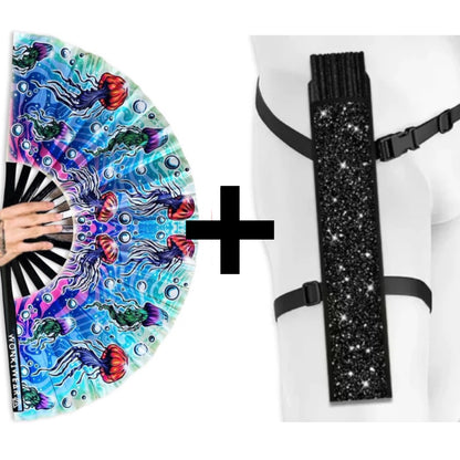 XL Jellyfish festival fan available with wearable black glitter fan holster bundle