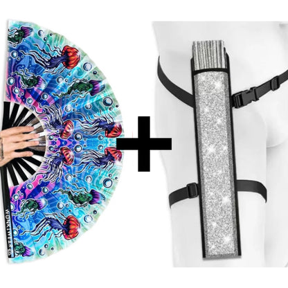 XL Jellyfish festival fan available with wearable silver glitter fan holster bundle