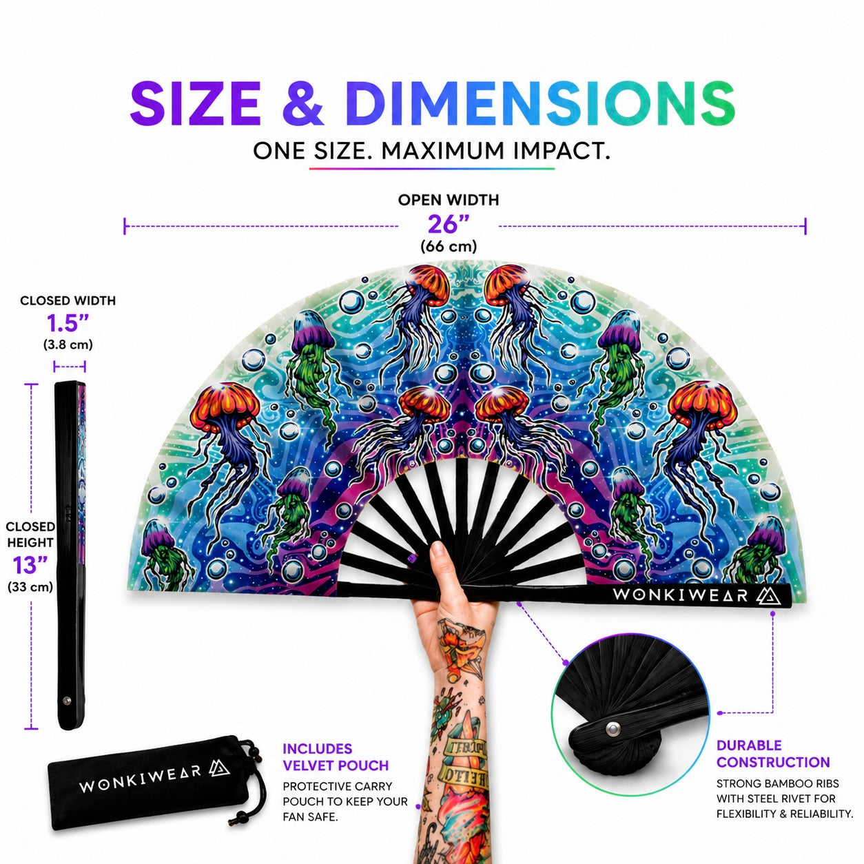 XL Jellyfish festival fan dimensions showing 26 inch width and 13.5 inch folded length