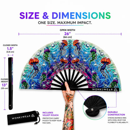 XL Jellyfish festival fan dimensions showing 26 inch width and 13.5 inch folded length