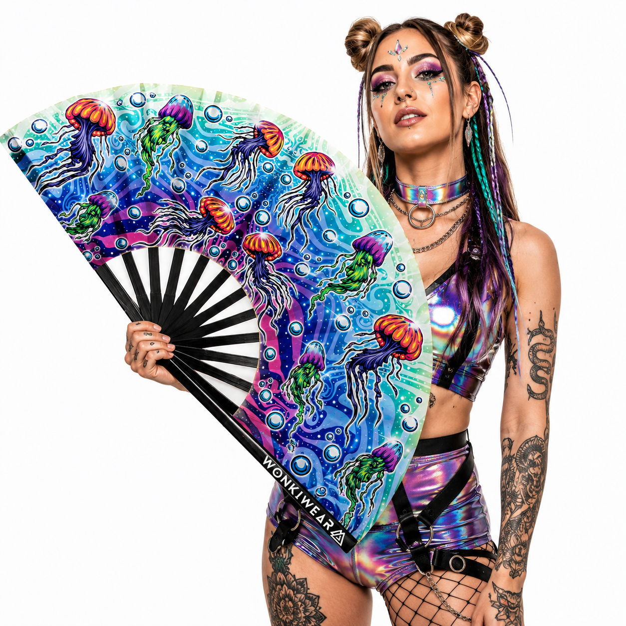 Studio photoshoot featuring XL Jellyfish festival fan with colourful aquatic artwork