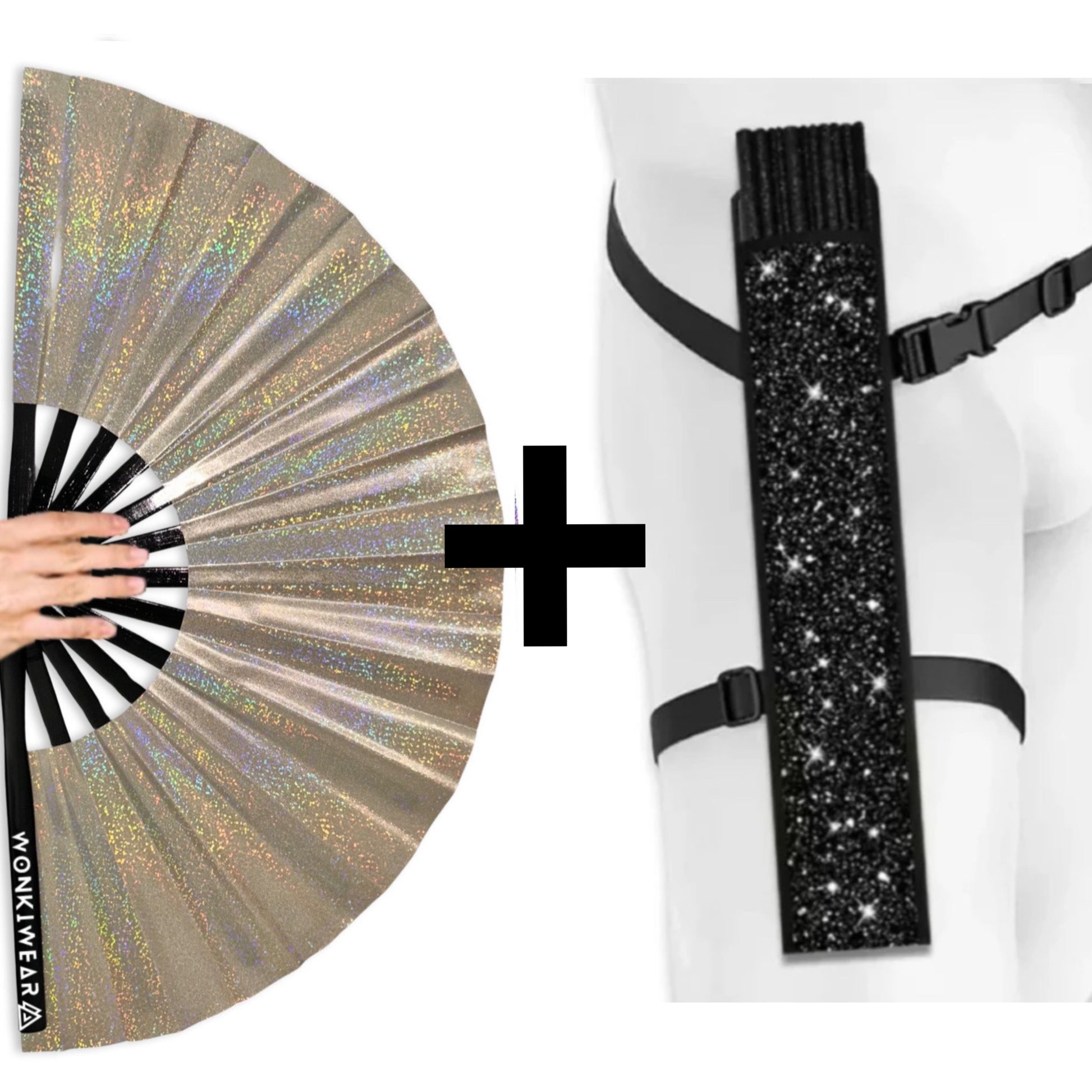 Jupiter Galaxy XL holographic champagne gold festival fan with black shimmer leg holster bundle