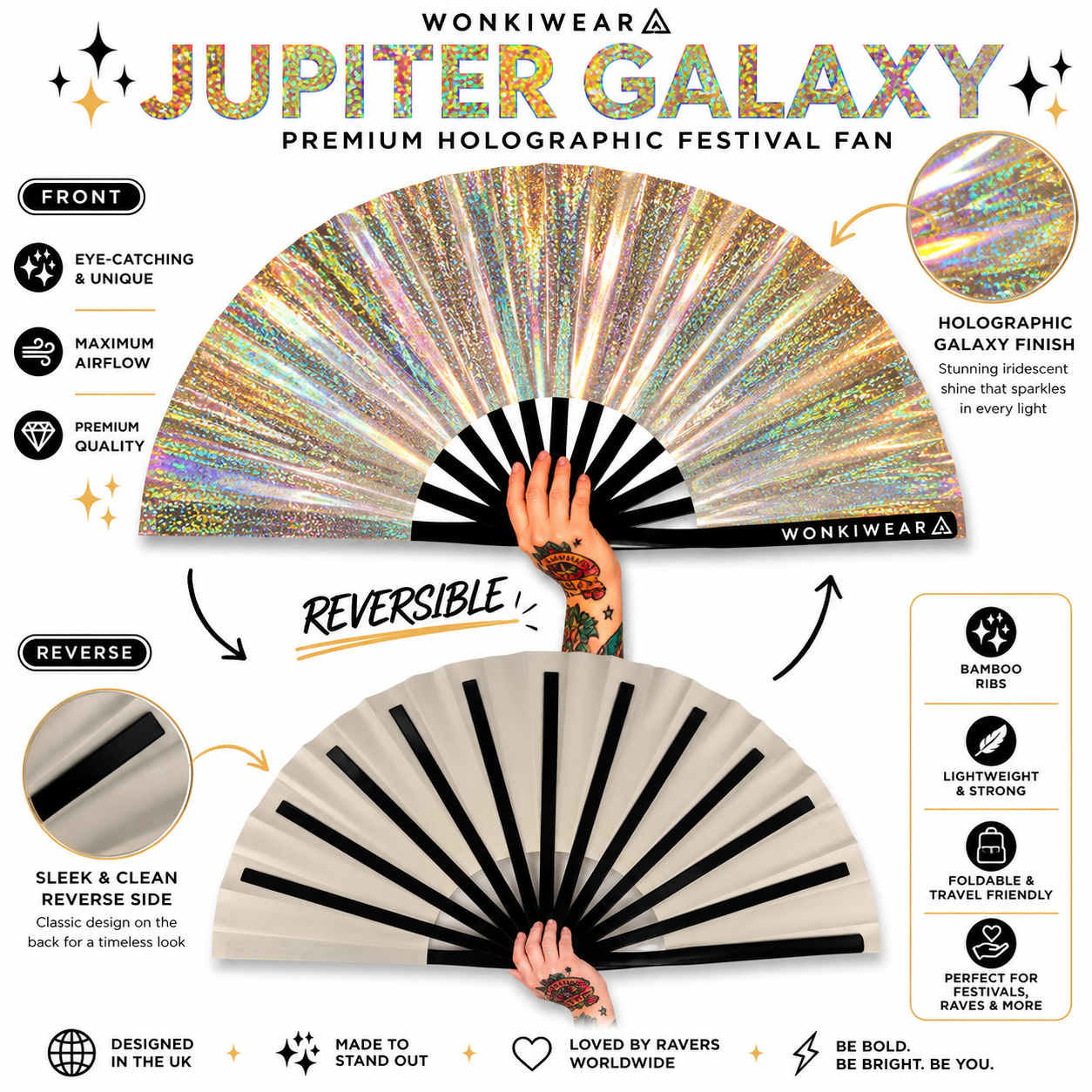 Reverse side of Jupiter Galaxy festival fan showing clean neutral backing and black bamboo ribs