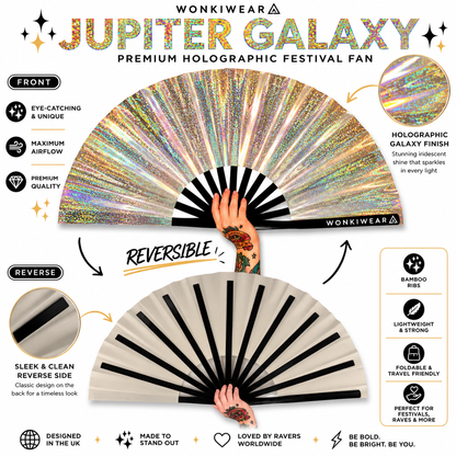 Reverse side of Jupiter Galaxy festival fan showing clean neutral backing and black bamboo ribs