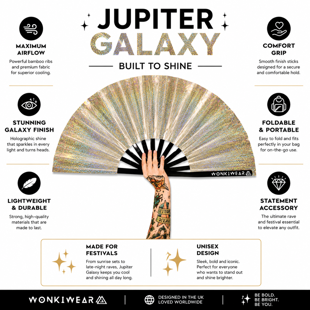 Jupiter Galaxy holographic champagne gold festival fan highlighting airflow, durability and portability benefits