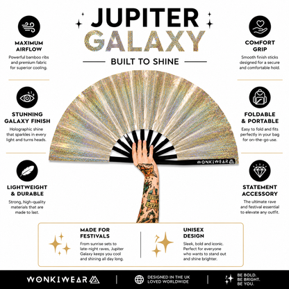 Jupiter Galaxy holographic champagne gold festival fan highlighting airflow, durability and portability benefits