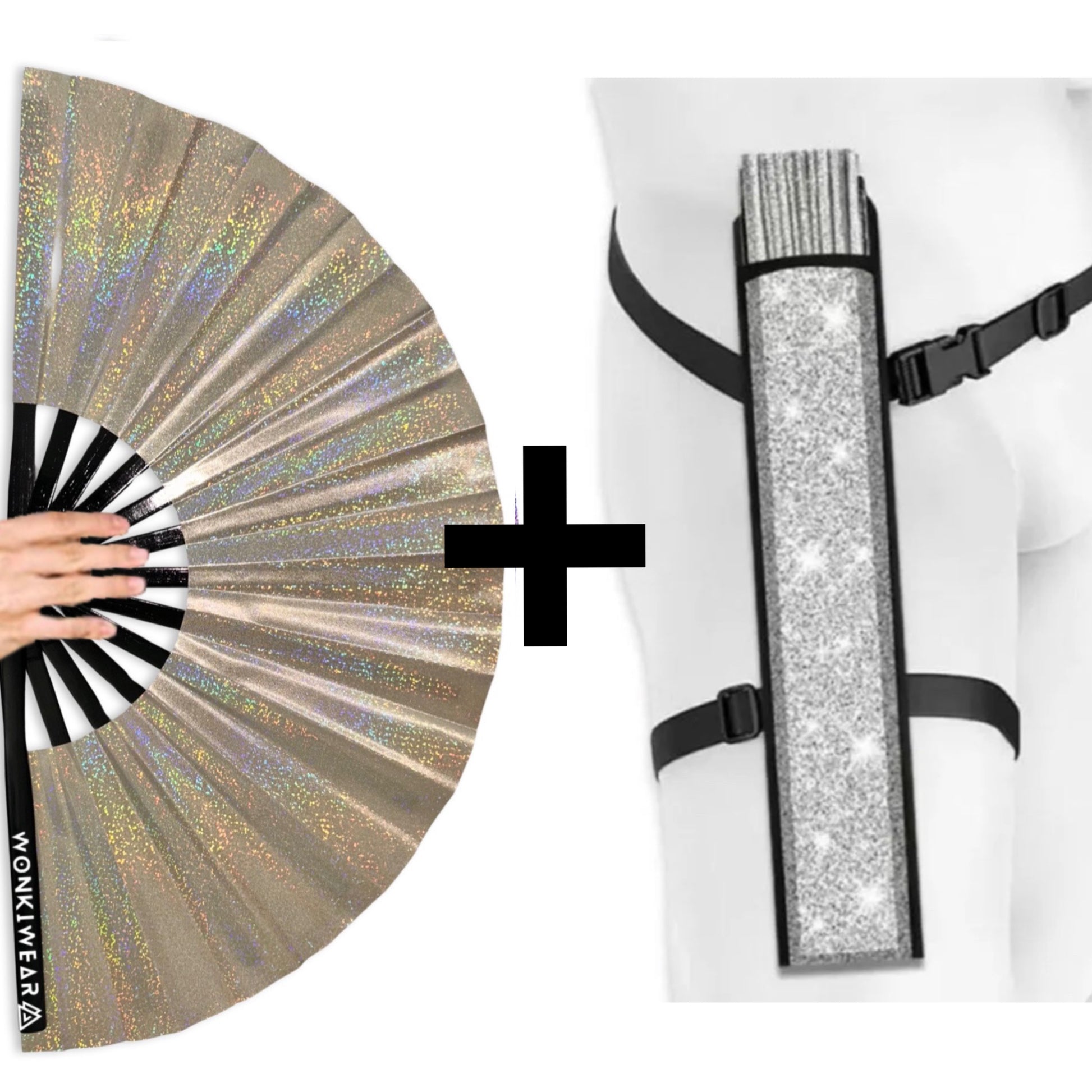Jupiter Galaxy XL holographic champagne gold festival fan with silver shimmer leg holster bundle