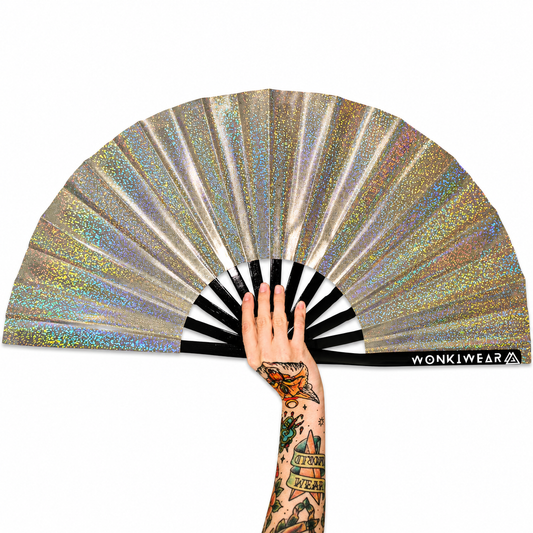 Jupiter Galaxy XL festival fan in holographic champagne gold with rainbow colour shifting finish
