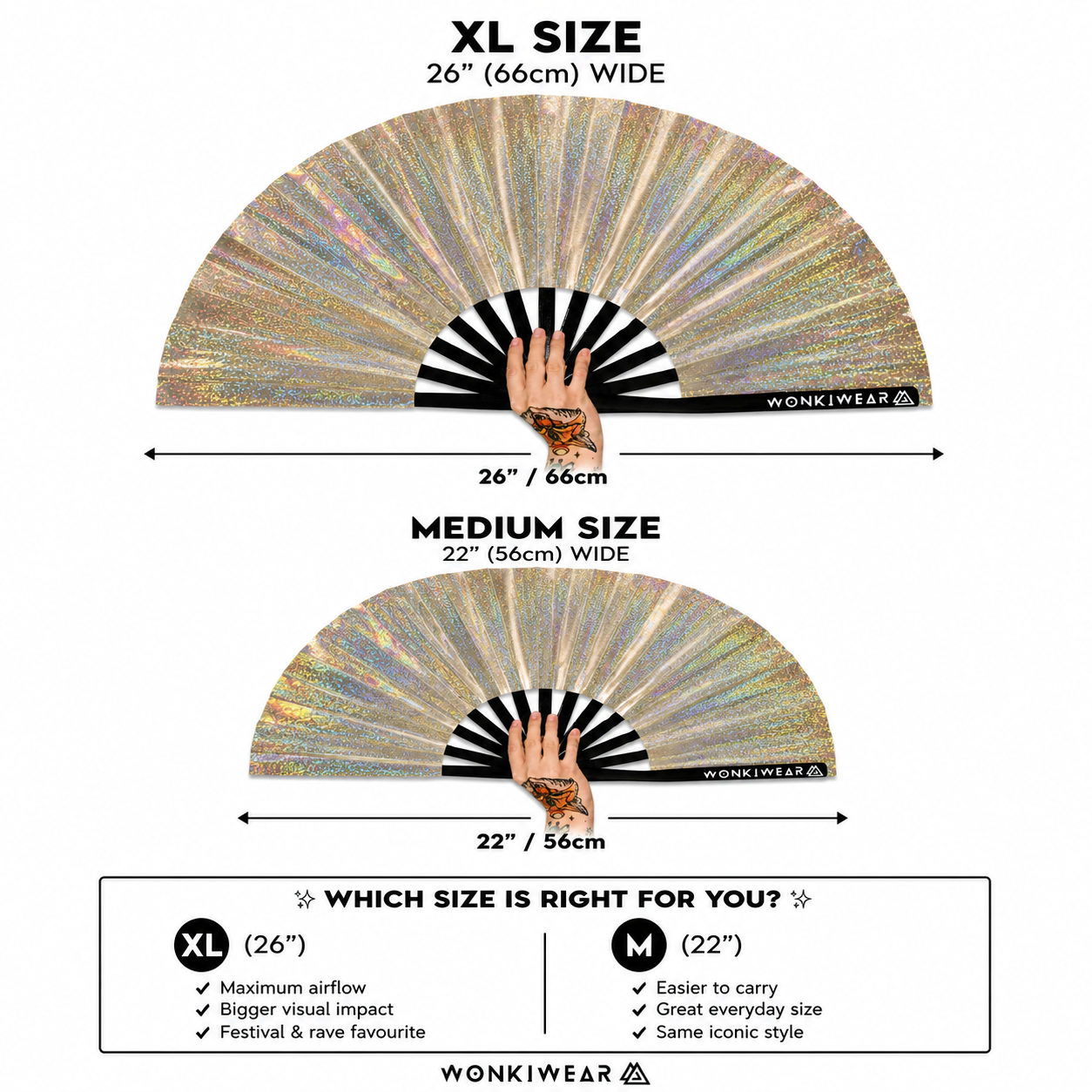 Size comparison between XL and medium Jupiter Galaxy festival fans showing 26 inch and 22 inch widths