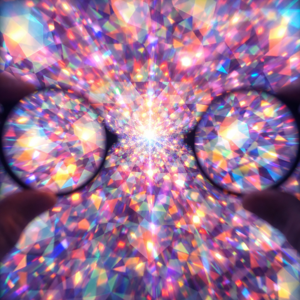 View through kaleidoscope glasses showing colourful prism light effect and trippy vision