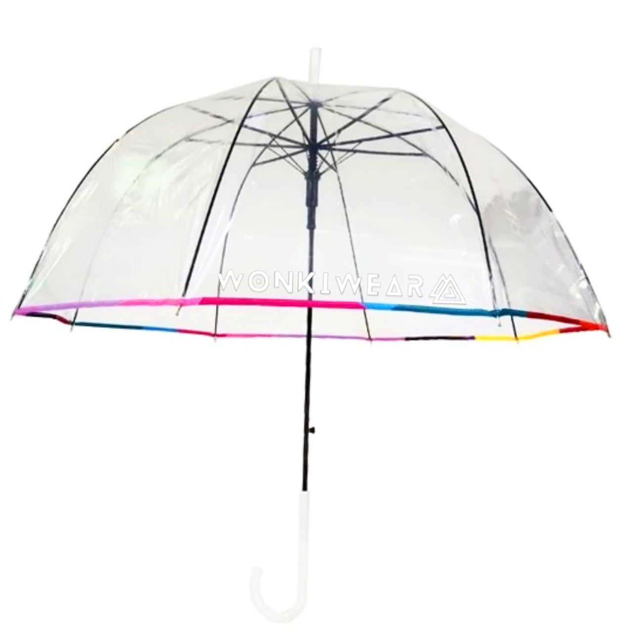 Large transparent dome umbrella with rainbow coloured seams alt