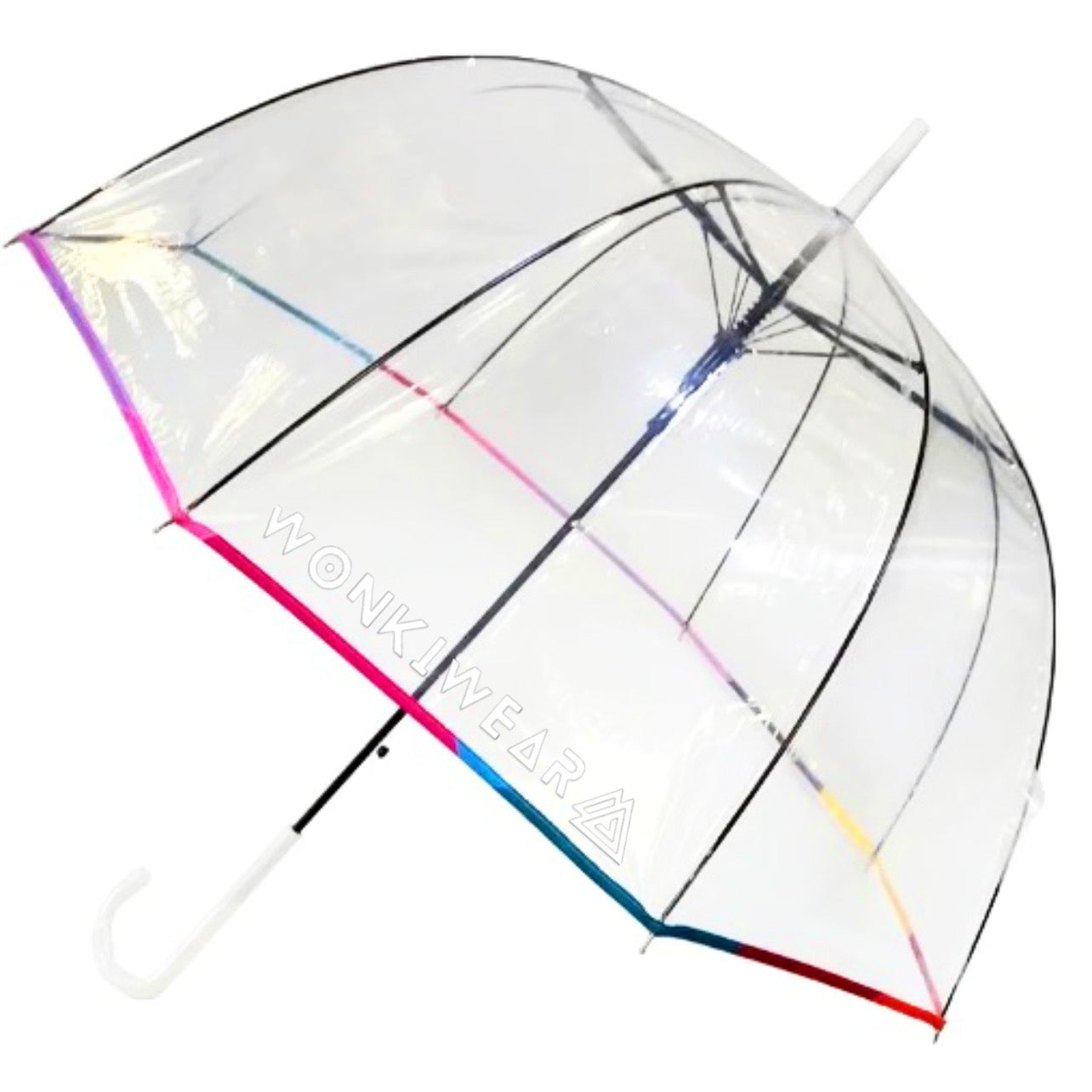 Large transparent dome umbrella with rainbow coloured seams