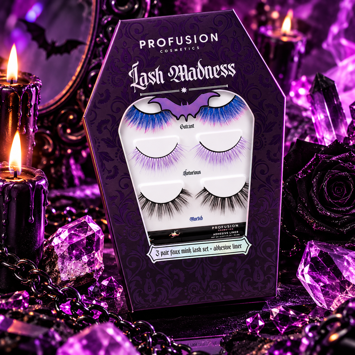 Profusion Lash Madness 3-pair faux mink lash set with blue and pink, purple and black statement lashes and adhesive liner