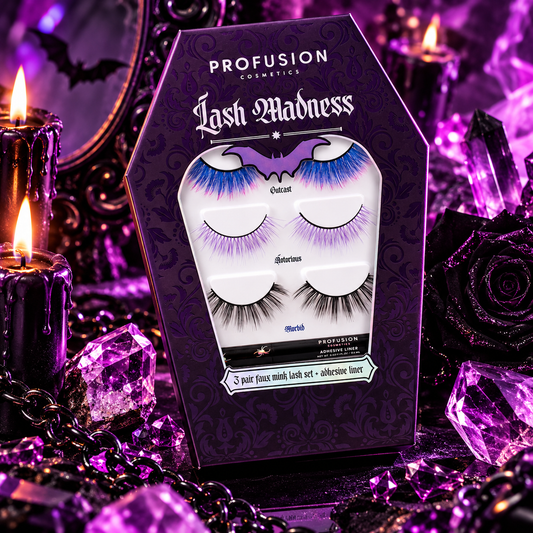 Profusion Lash Madness 3-pair faux mink lash set with blue and pink, purple and black statement lashes and adhesive liner