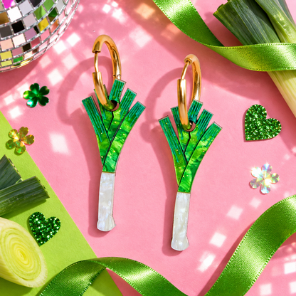 Leek hoop earrings with green leafy vegetable charms by Cuteryko