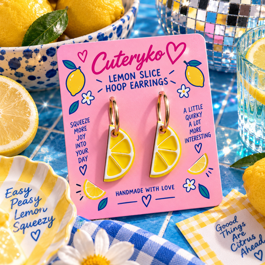 Lemon Slice hoop earrings with bright yellow acrylic lemon charms by Cuteryko