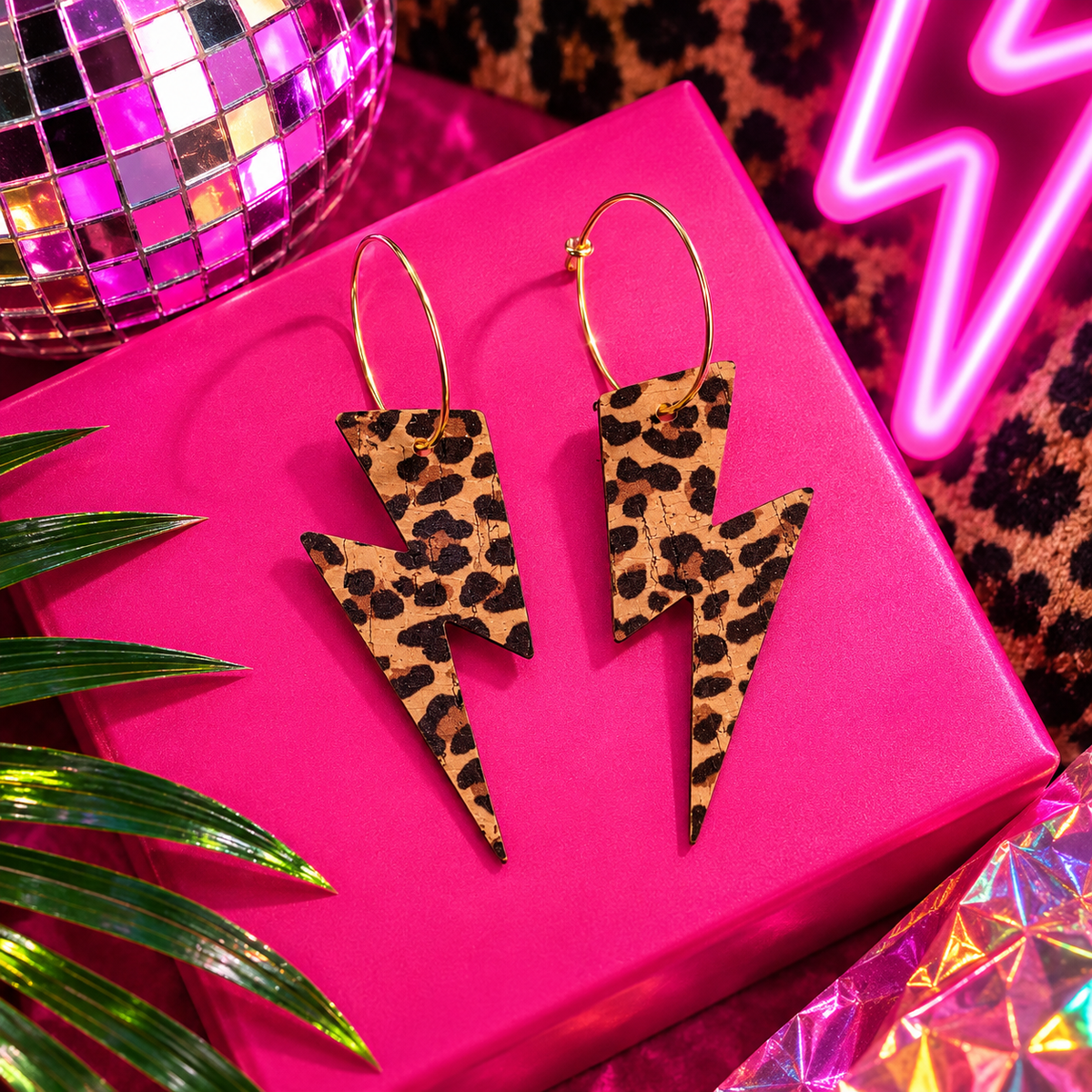Leopard print cork lightning bolt earrings with gold stainless steel hoops