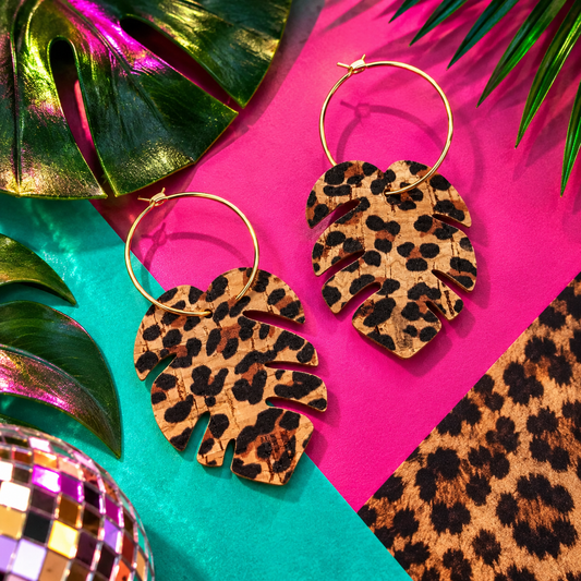 Leopard print monstera leaf earrings with gold stainless steel hoops