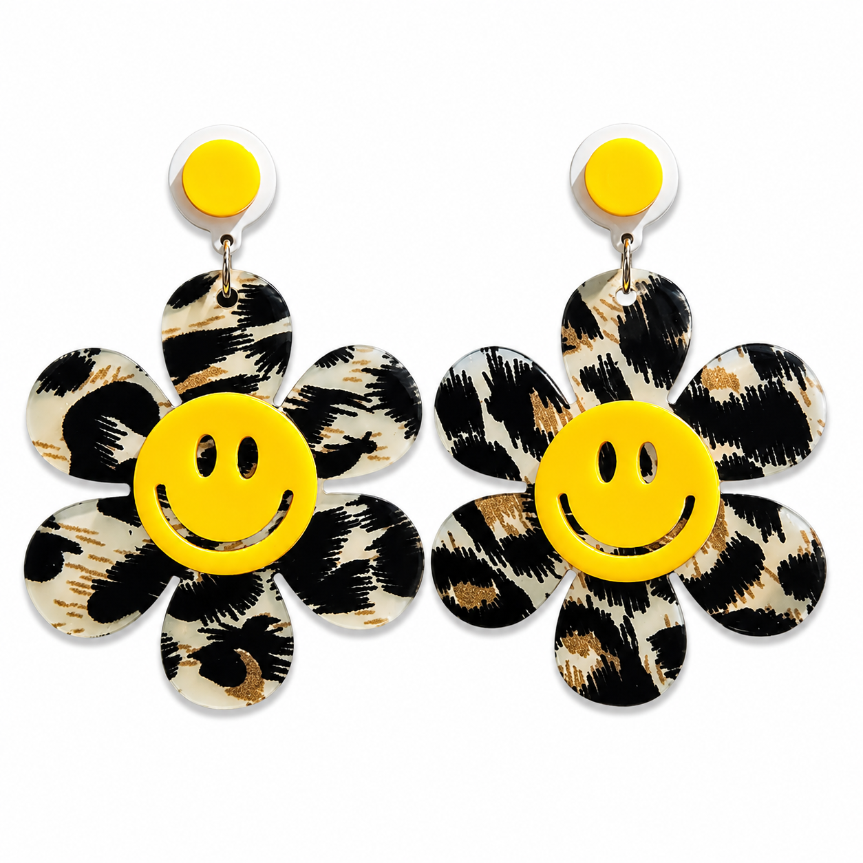 Oversized leopard print smiley daisy statement earrings by WonkiWear
