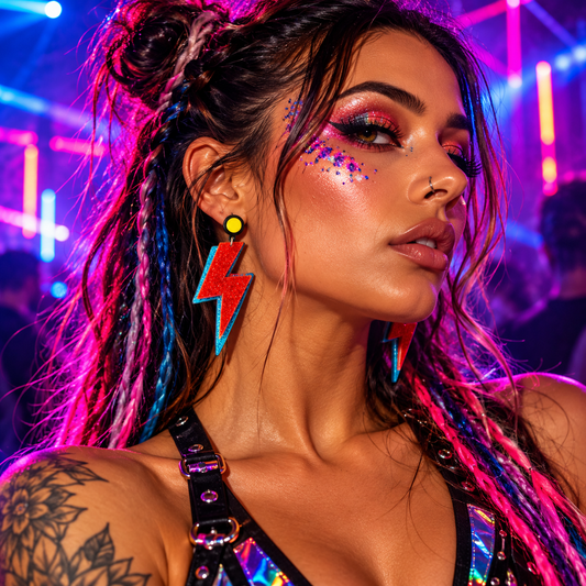 Red and blue glitter lightning bolt earrings worn by a woman at a vibrant neon rave
