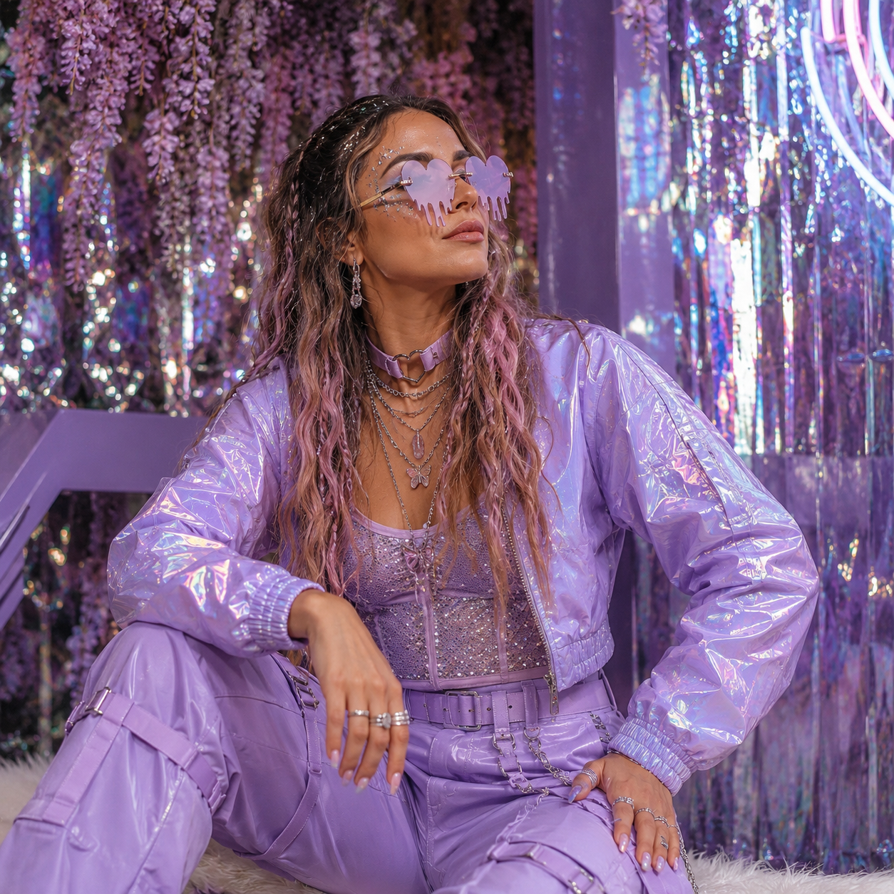 Festival model wearing lilac dripping heart rave sunglasses