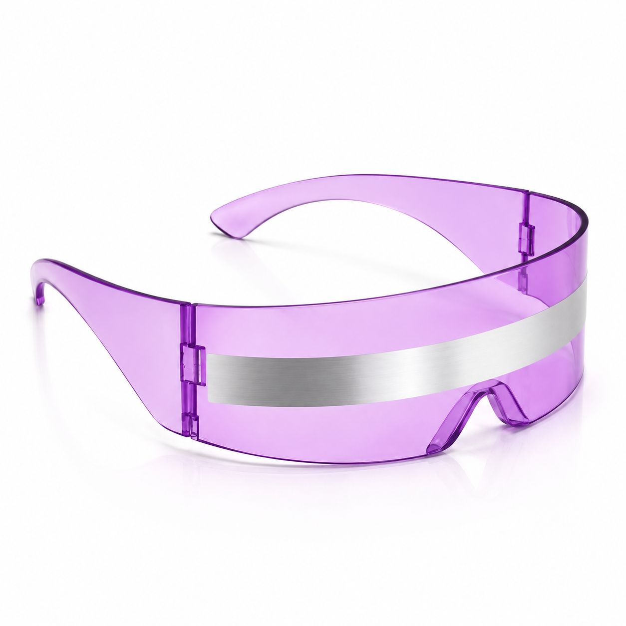 Angled view of lilac futuristic visor sunglasses with silver front band