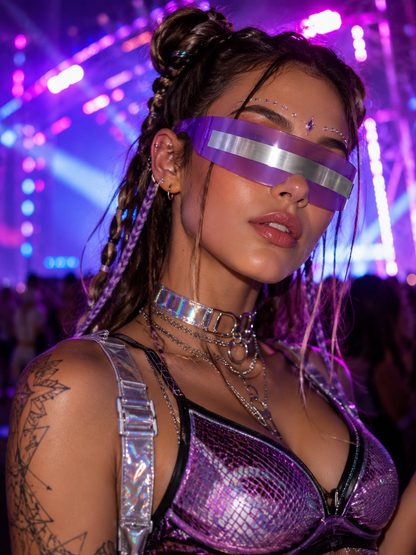 Female festival model wearing lilac futuristic shield sunglasses at rave