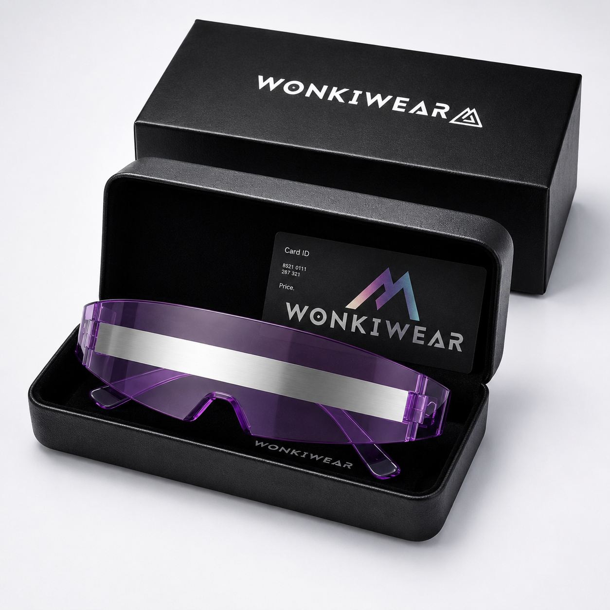 Lilac futuristic shield sunglasses displayed in WonkiWear gift box