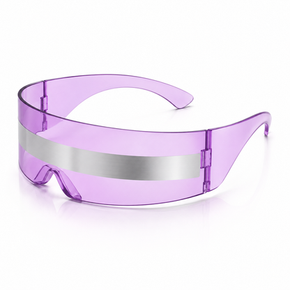 Lilac futuristic shield visor sunglasses with silver detail on white background