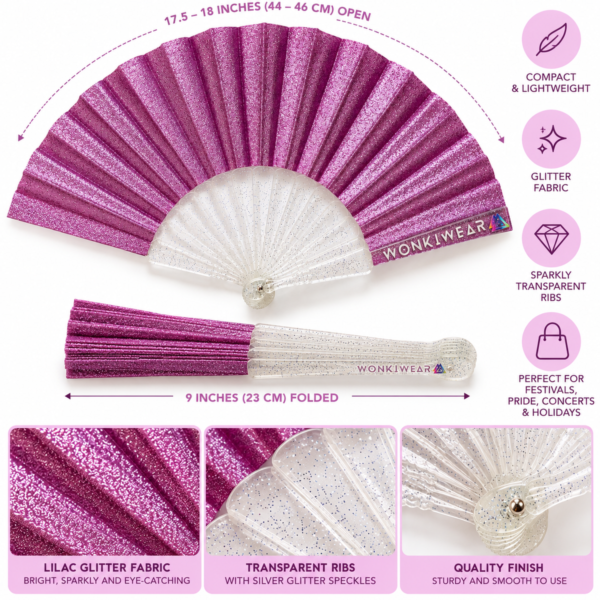 WonkiWear lilac glitter mini folding fan infographic showing the sparkling fabric, transparent glitter-speckled ribs, compact folded size of 9 inches and open width of 17.5–18 inches, with detailed product close-ups.