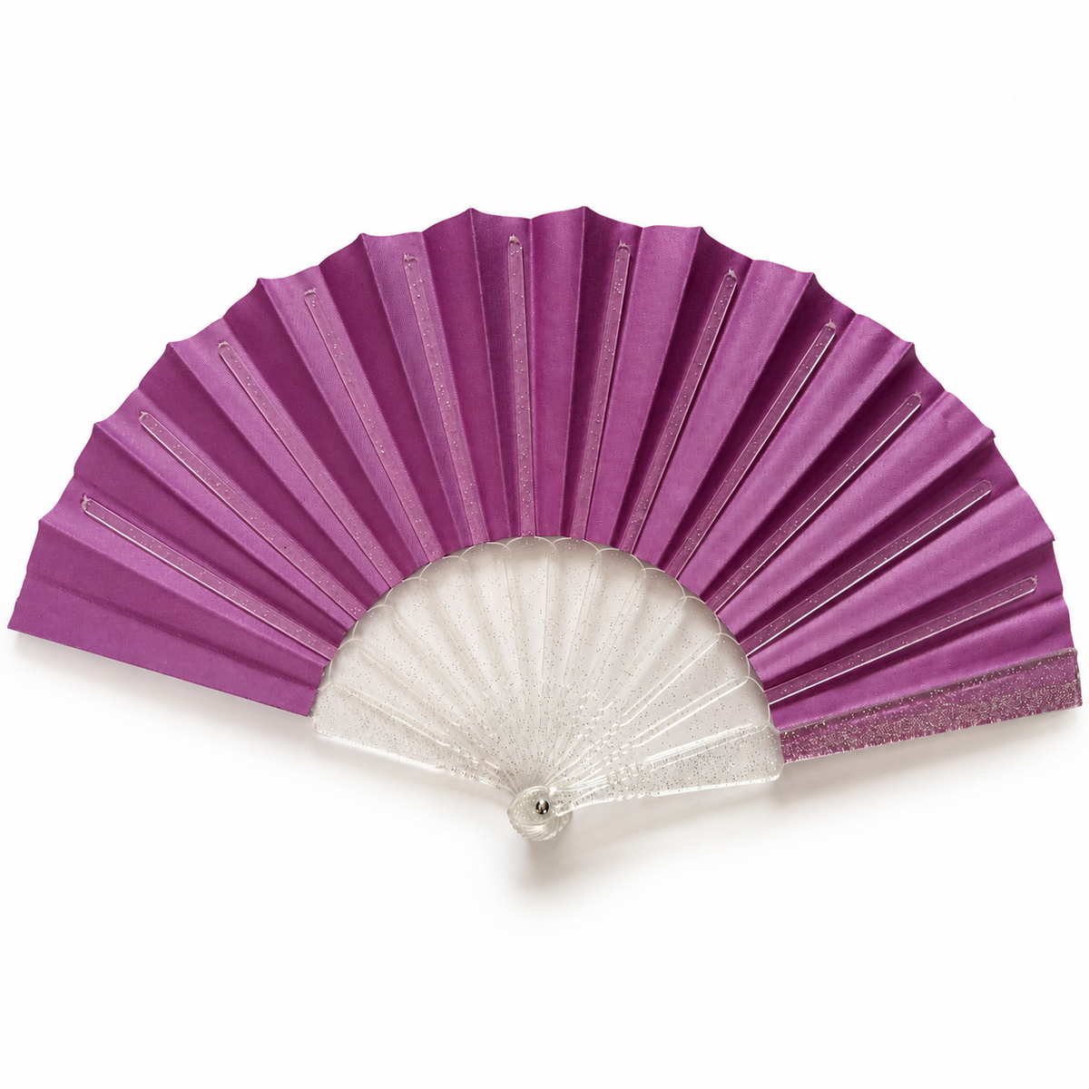 Reverse side of the mauve lilac folding fan featuring pleated fabric, clear transparent glitter-speckled ribs and a silver pivot rivet on a white background.