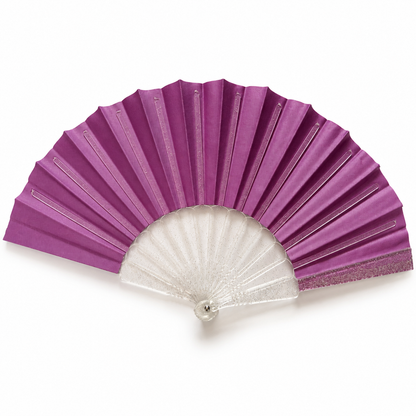 Reverse side of the mauve lilac folding fan featuring pleated fabric, clear transparent glitter-speckled ribs and a silver pivot rivet on a white background.