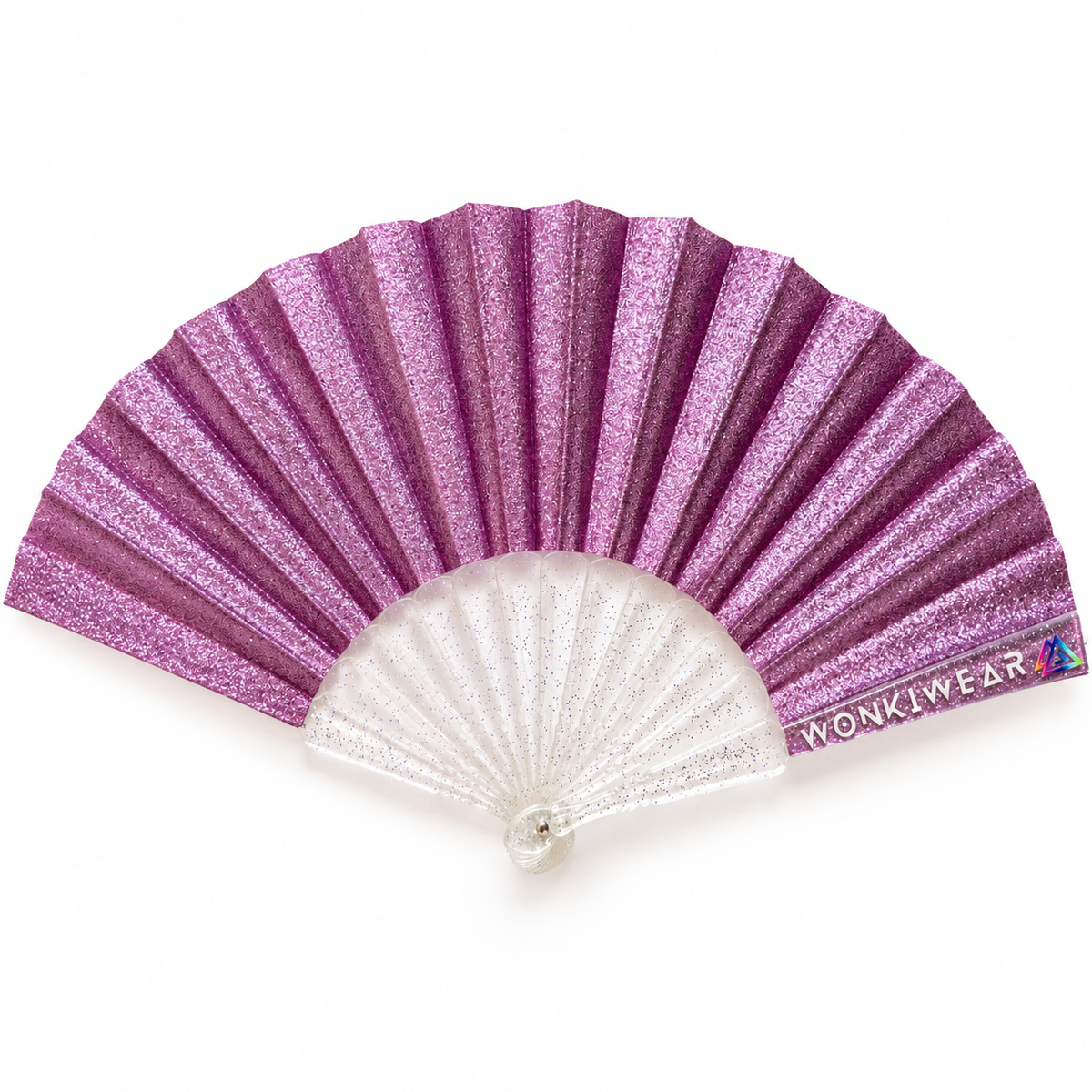 Lilac glitter mini folding fan with clear transparent glitter-speckled ribs and WonkiWear branding on a white background.