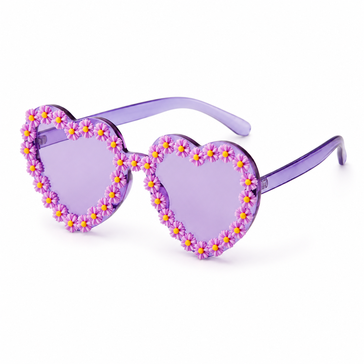 Angled view of lilac heart shaped daisy sunglasses