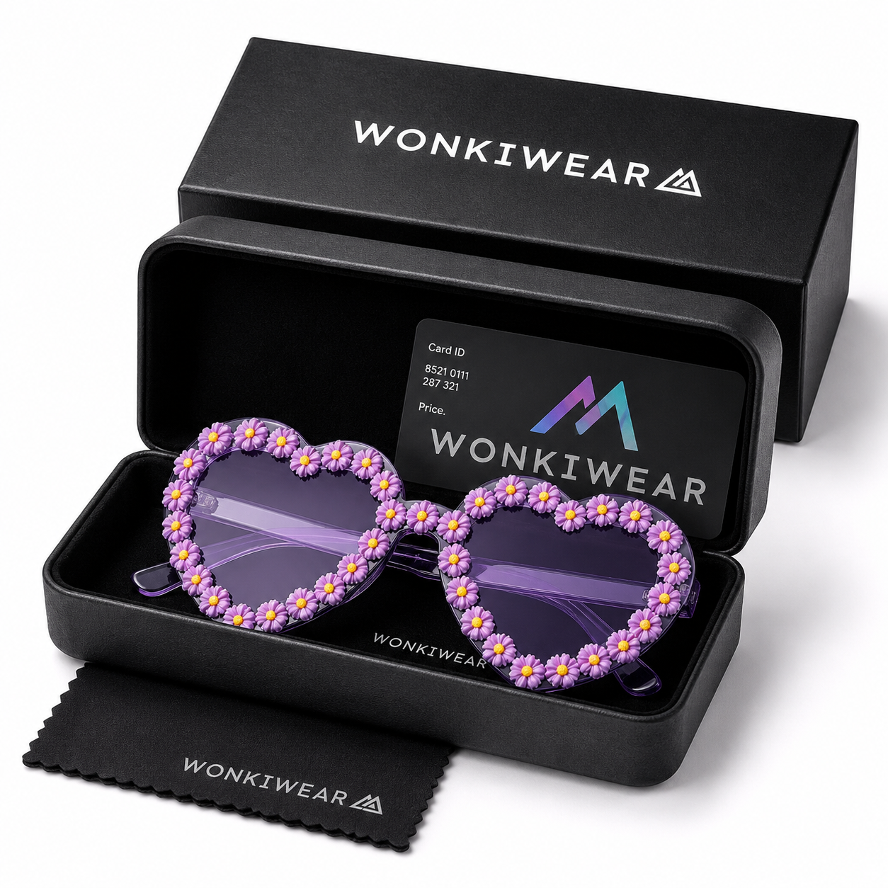 Lilac heart shaped daisy sunglasses displayed in WonkiWear gift box
