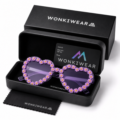Lilac heart shaped daisy sunglasses displayed in WonkiWear gift box