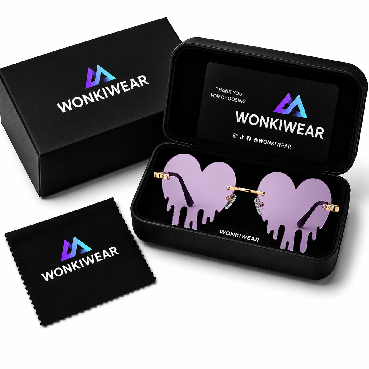 Lilac dripping heart sunglasses in WonkiWear premium gift box
